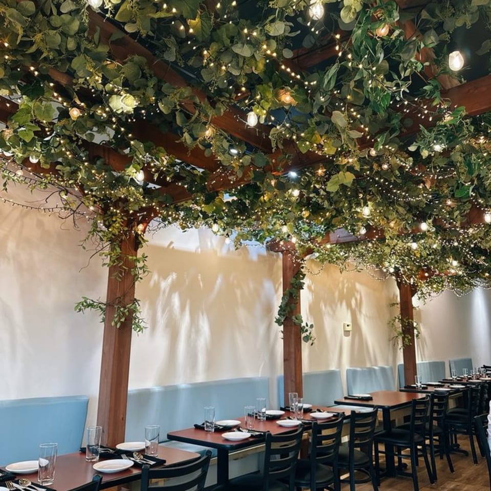 Roti Indian Kitchen dining room with tables set, blue booths, and a ceiling covered in greenery and string lights.