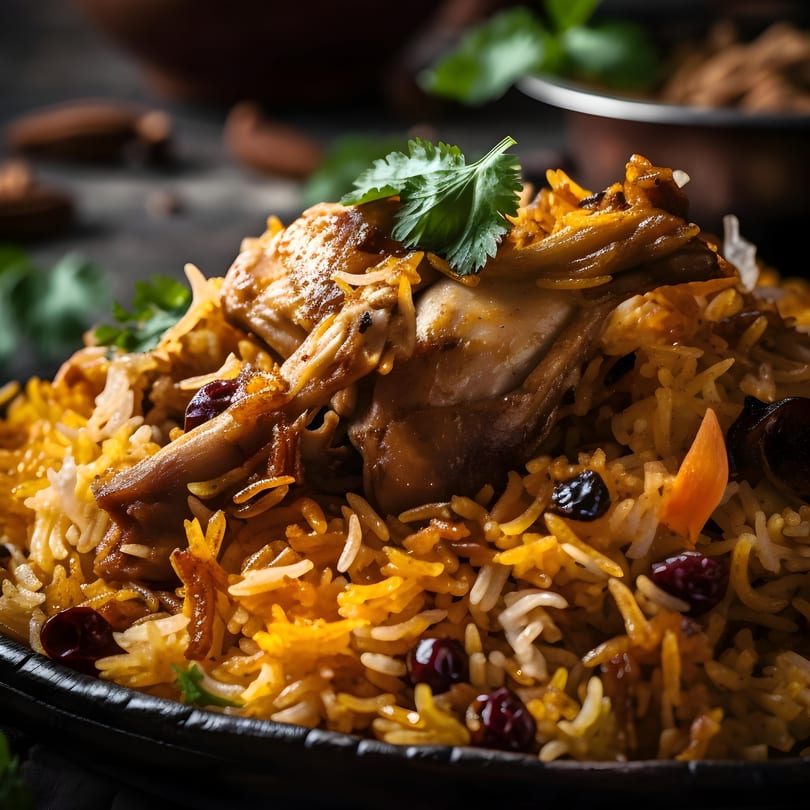 Close-up of chicken biryani with rice, raisins, and cilantro, served in a dark bowl.