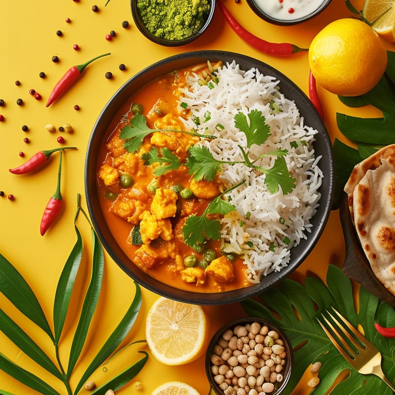 Roti Indian Kitchen's chicken curry with rice, naan, lemons, and spices on a yellow background.
